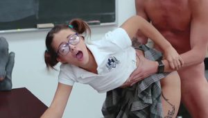  Naughty schoolgirl Izzy Bell fucks in front of sleeping supervisor